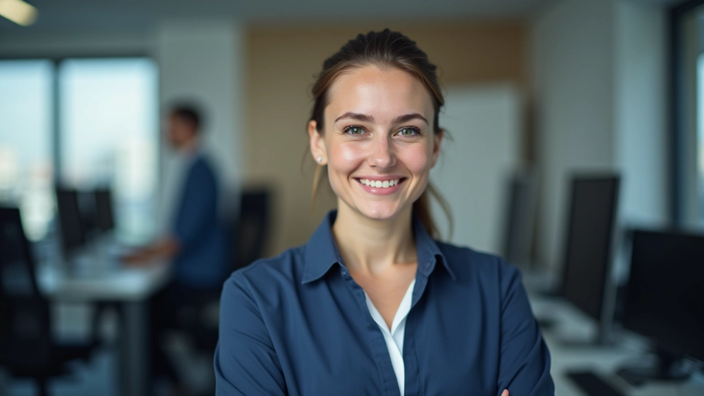 Porträt einer IT-Technologin mit freundlichem Ausdruck, lange dunkle Haare, professionelle Kleidung, Büroumgebung