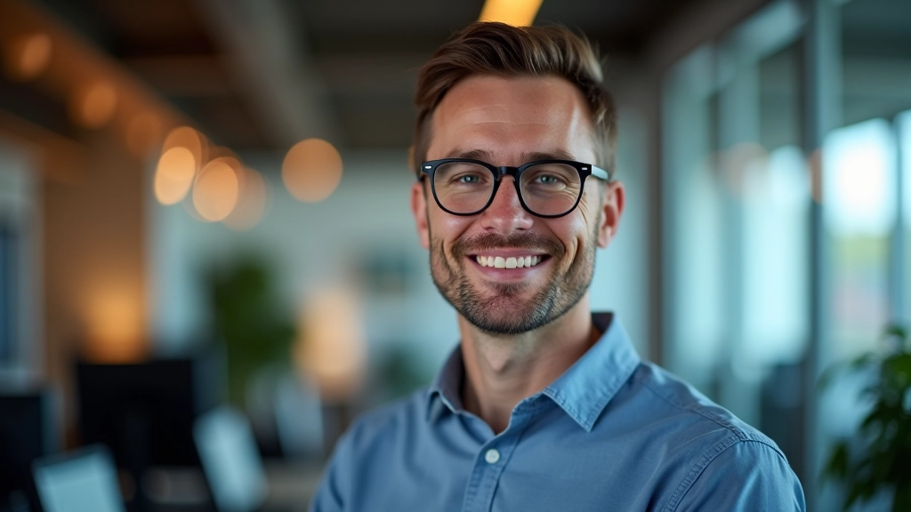 Porträt eines Systemadministrators mit freundlichem Lächeln, Brille, modernes Büro im Hintergrund