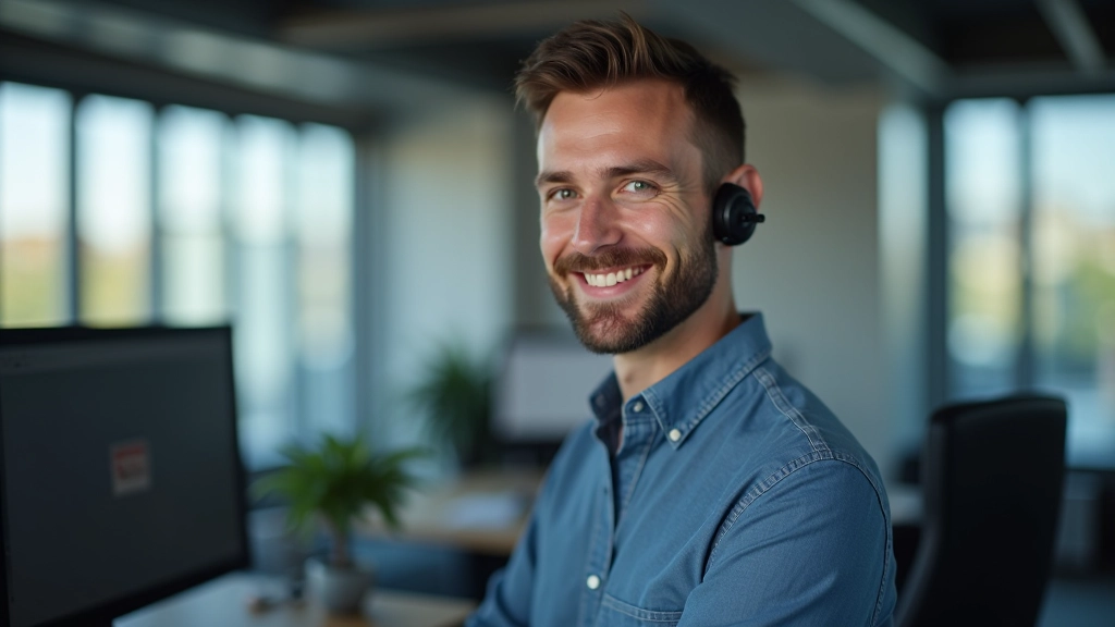 Porträt eines technischen Support-Spezialisten mit kurzen Haaren, freundlichem Lächeln, modernem Arbeitsplatz im Hintergrund